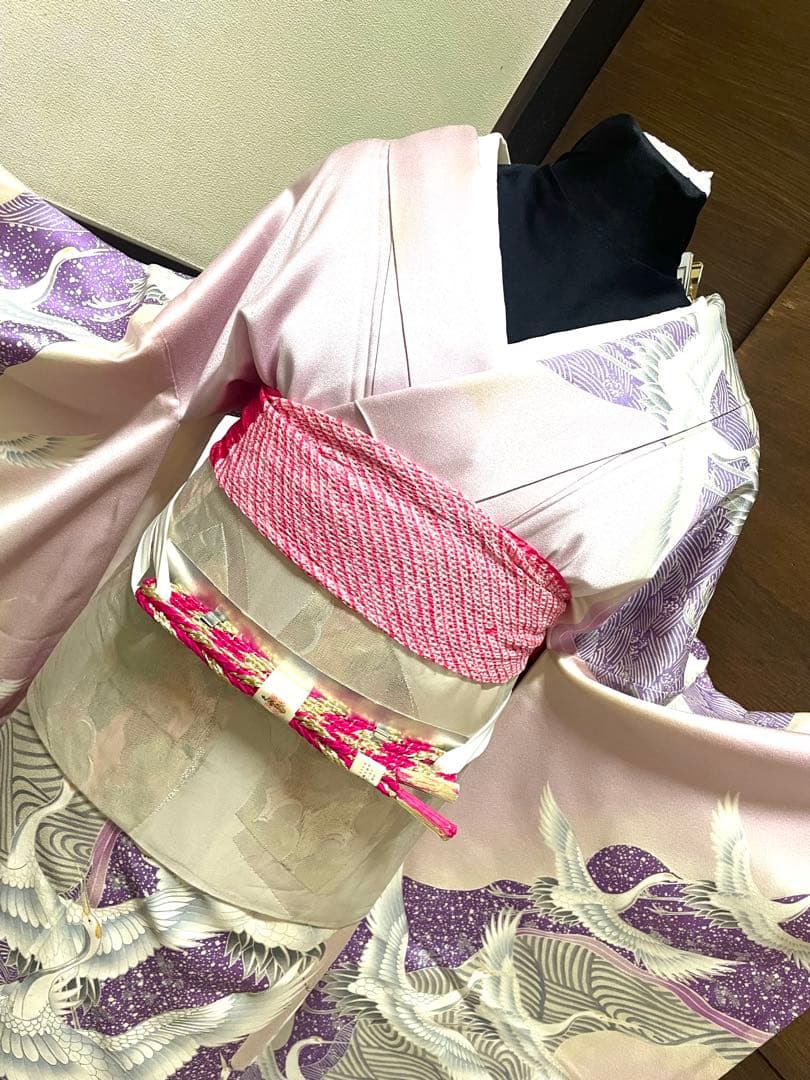 振袖フルセット6点サイズM〜Ｌ駒刺繍　飛鶴文　銀彩　正絹