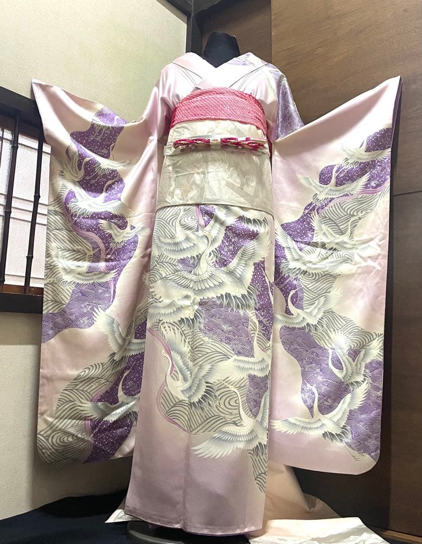 振袖フルセット6点サイズM〜Ｌ駒刺繍　飛鶴文　銀彩　正絹