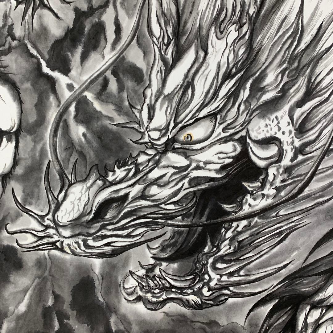 美品 掛け軸 現代水墨画家 絵師白道作「龍虎の図」共箱 墨絵 水墨画