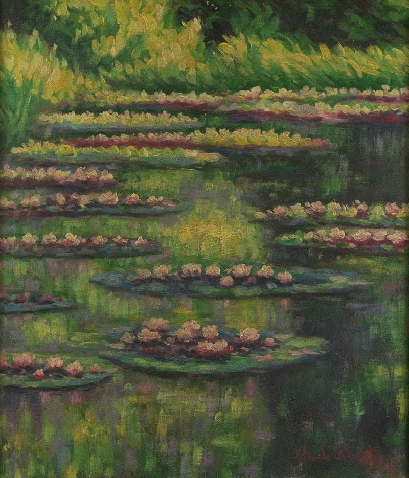 モネ　油彩　肉筆『蓮華』表サイン　ギャラリー証明書　F10号　額装　b602