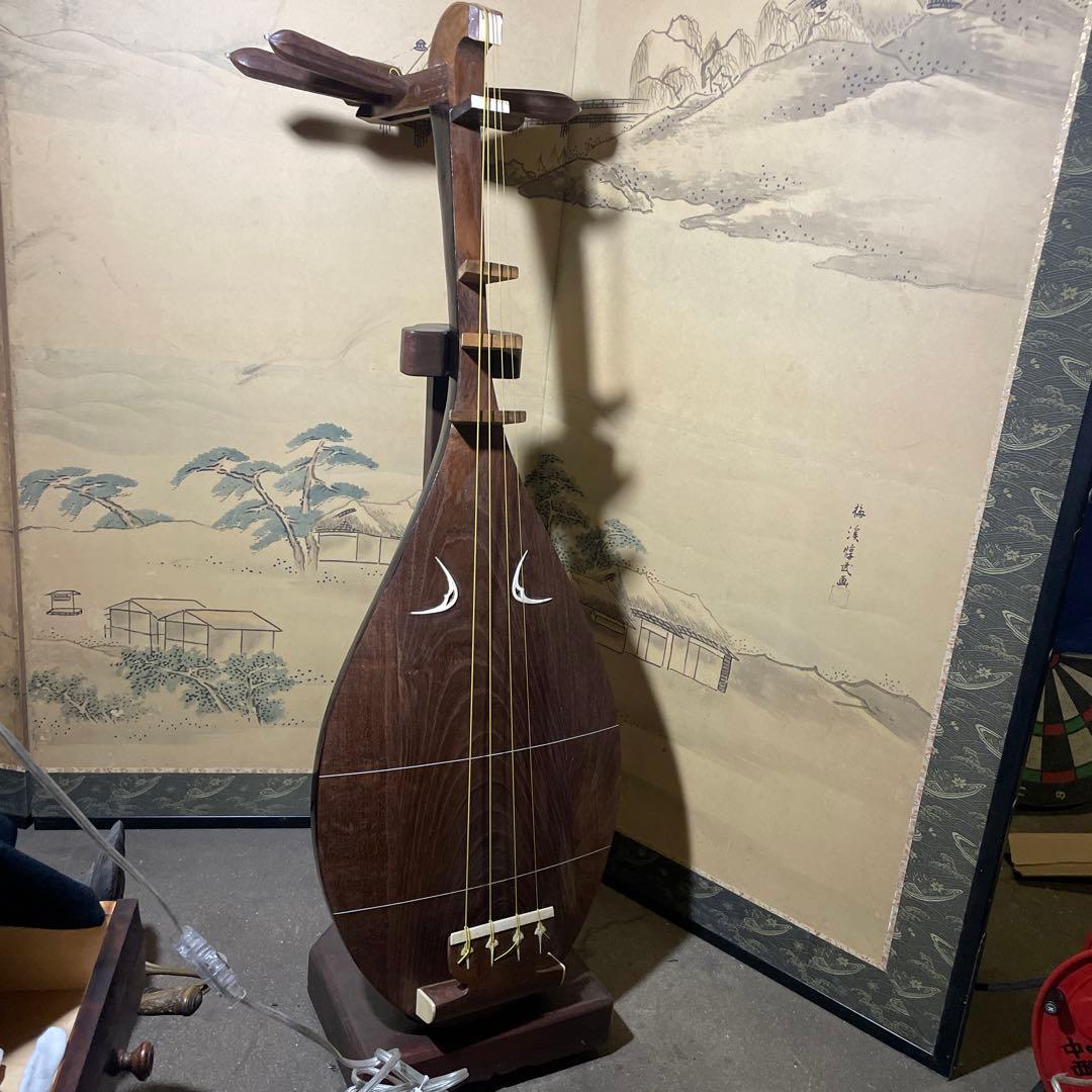 『半月細工・表桑製・四弦』薩摩 琵琶 袋付 撥付き　ヴィンテージ　びわ　楽器琵琶