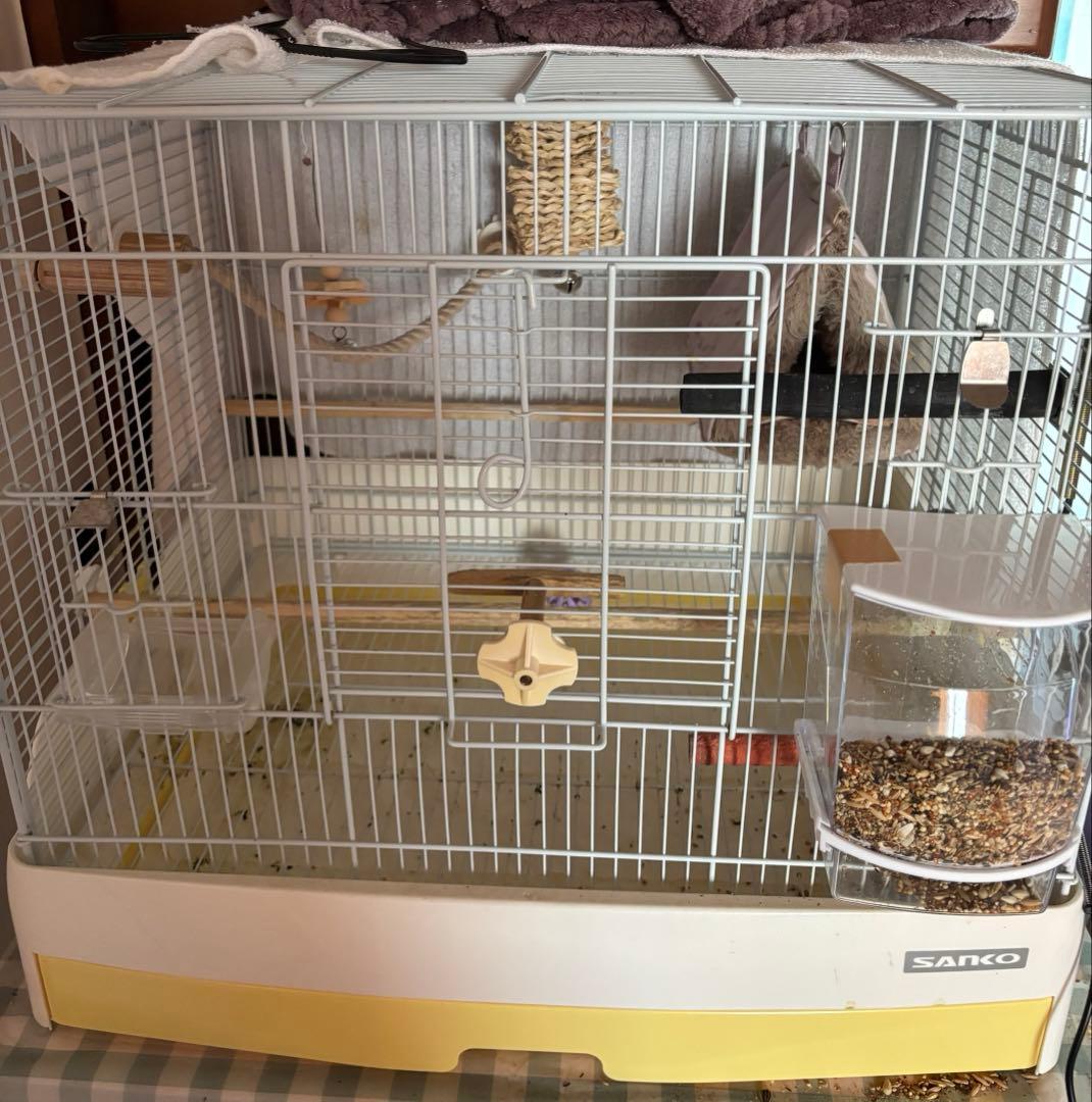 SANKO 鳥かご ホワイト/イエロー 餌 シード おもちゃセット付き