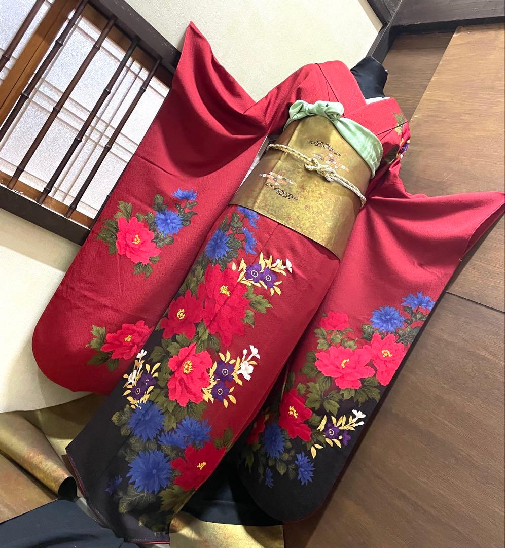 振袖フルセット6点サイズS〜M草花文　暈し染め　金彩　正絹