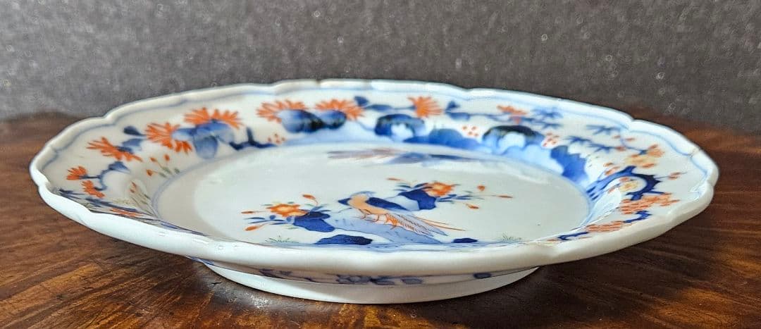 【名品❗】江戸時代後期　柿右衛門様式　染錦　双鳥に　梅花　紅葉　赤花の図　輪花皿