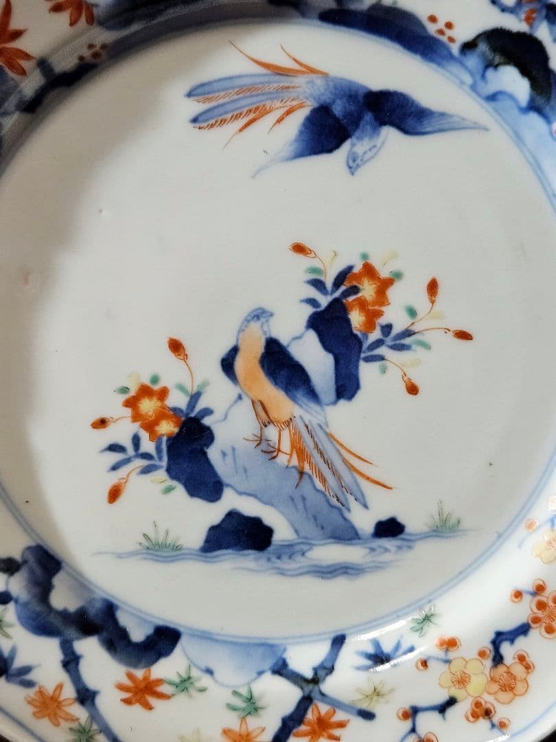 【名品❗】江戸時代後期　柿右衛門様式　染錦　双鳥に　梅花　紅葉　赤花の図　輪花皿