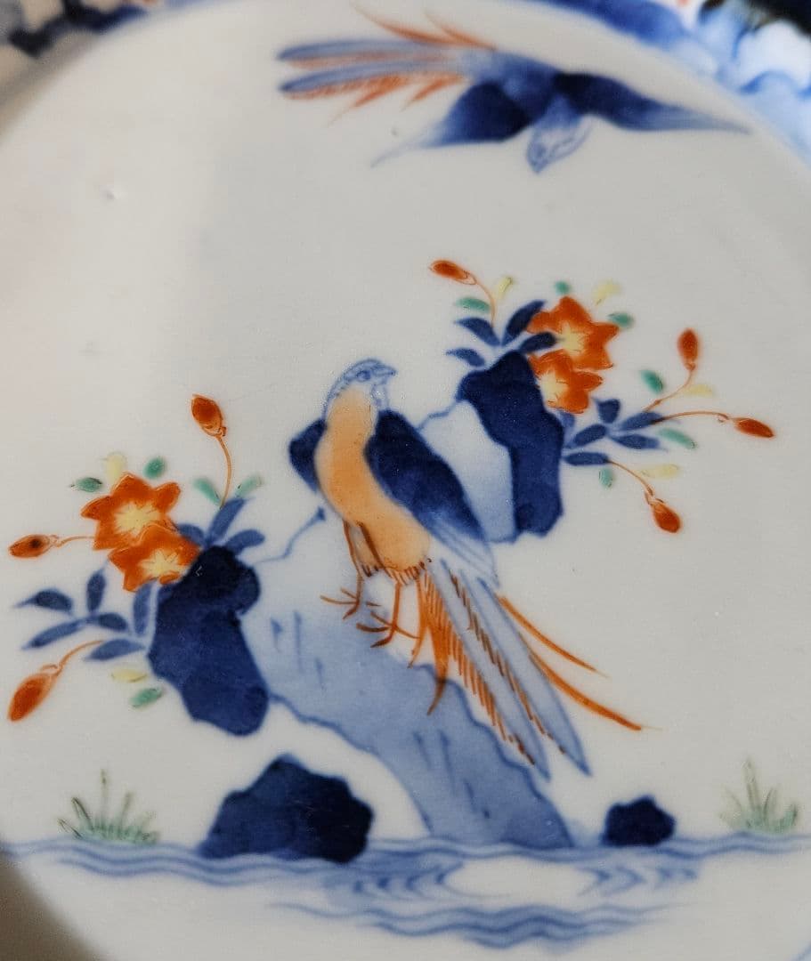 【名品❗】江戸時代後期　柿右衛門様式　染錦　双鳥に　梅花　紅葉　赤花の図　輪花皿