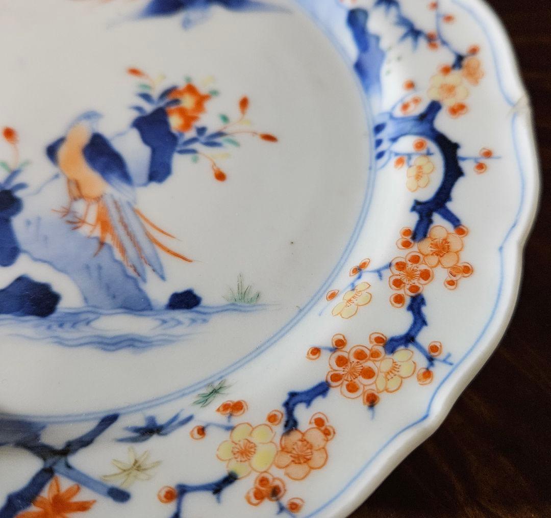 【名品❗】江戸時代後期　柿右衛門様式　染錦　双鳥に　梅花　紅葉　赤花の図　輪花皿