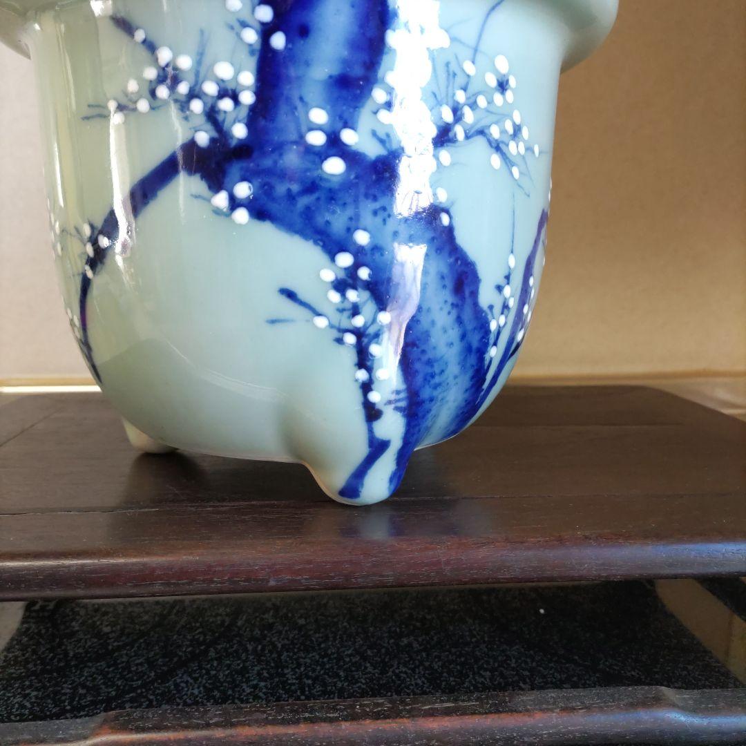 盆栽鉢、尾張焼、 瀬戸焼 、青磁、 染付 梅図 3本足、 蘭鉢 、植木鉢 、大型