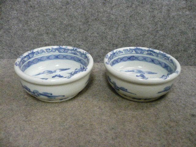 伊万里 線描き 染付 海辺 帆掛舟 風景図 深鉢 1対 [B31314]