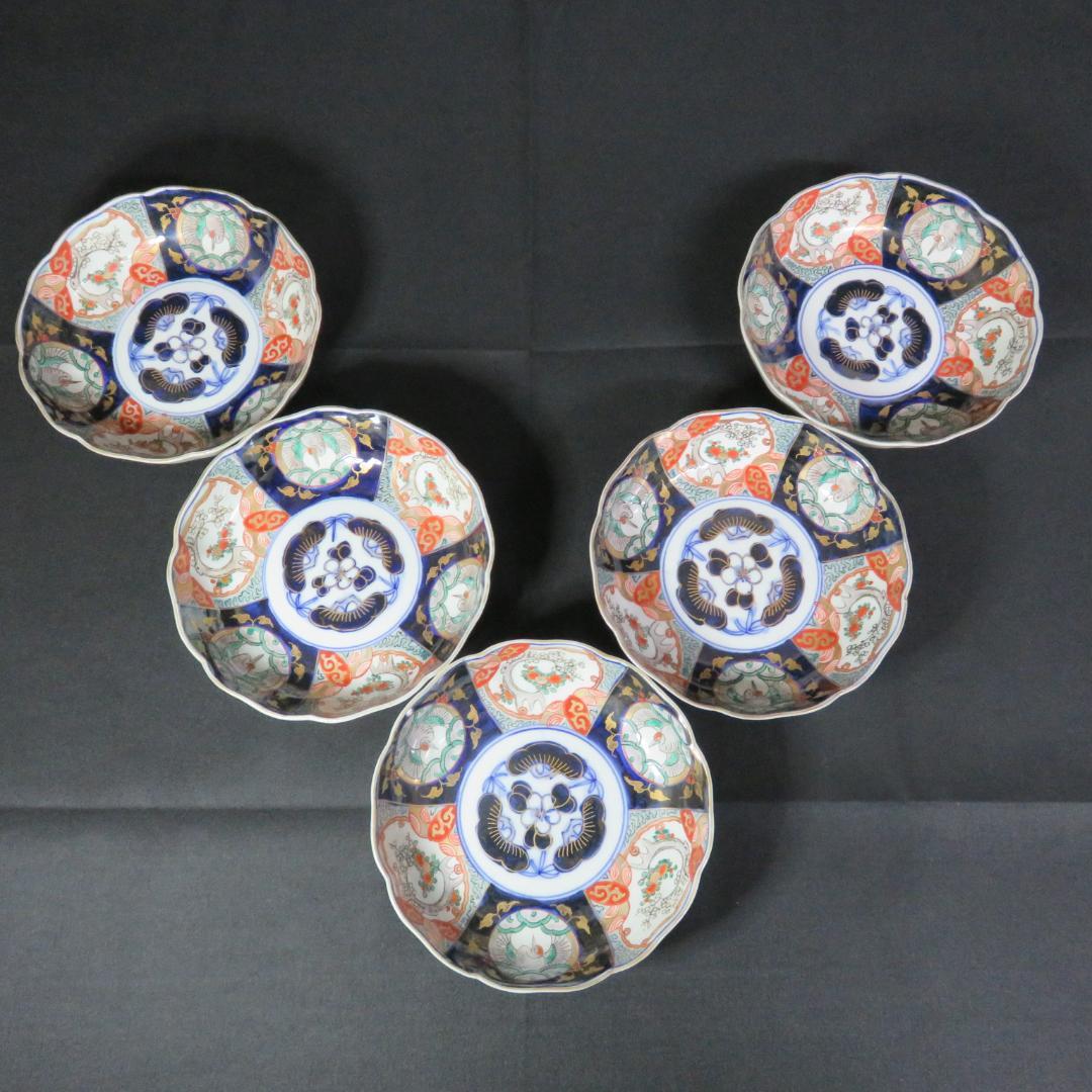 なます皿 古伊万里 5枚 色絵付 染付 江戸 松竹梅 梅と鶴 寶づくし 窯傷