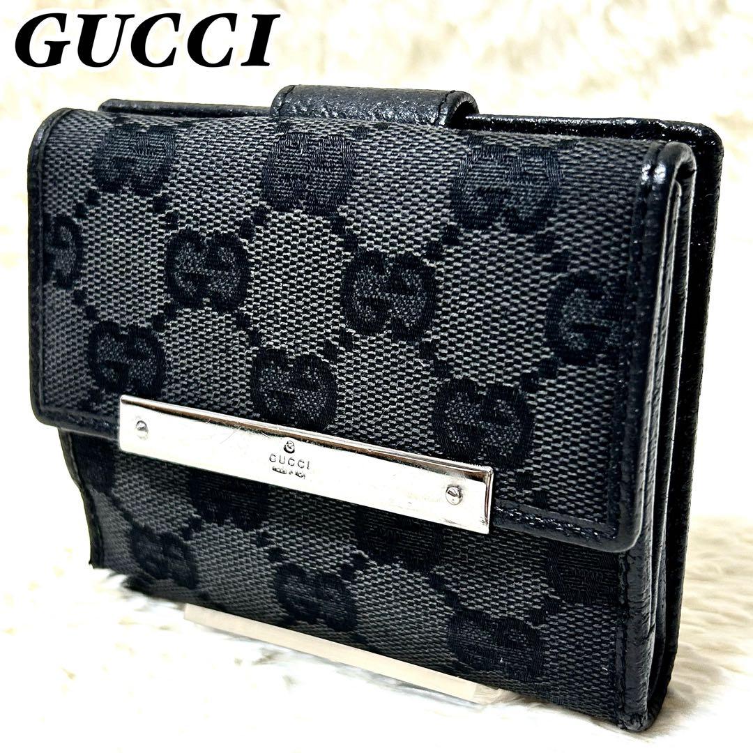 美品✨GUCCI グッチ GG柄 三つ折り財布 ブラック ロゴプレート　ブラック