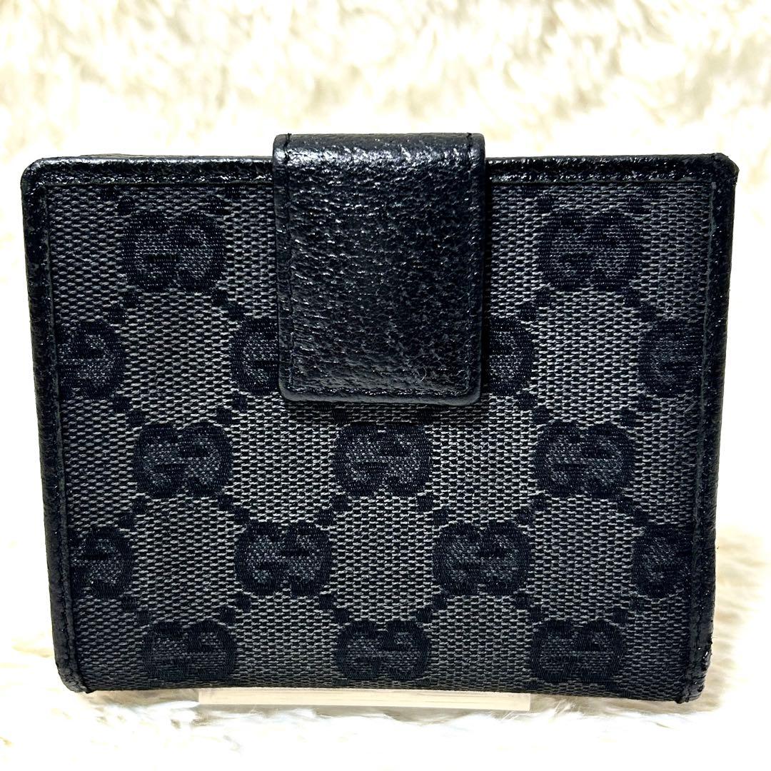 美品✨GUCCI グッチ GG柄 三つ折り財布 ブラック ロゴプレート　ブラック