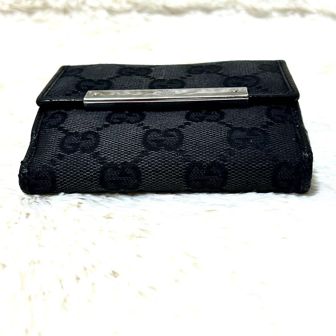 美品✨GUCCI グッチ GG柄 三つ折り財布 ブラック ロゴプレート　ブラック