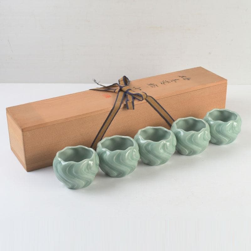 和食器　茶懐石　京焼　加藤渓山作　砧青磁　捻小附　五客　共箱　V　9314
