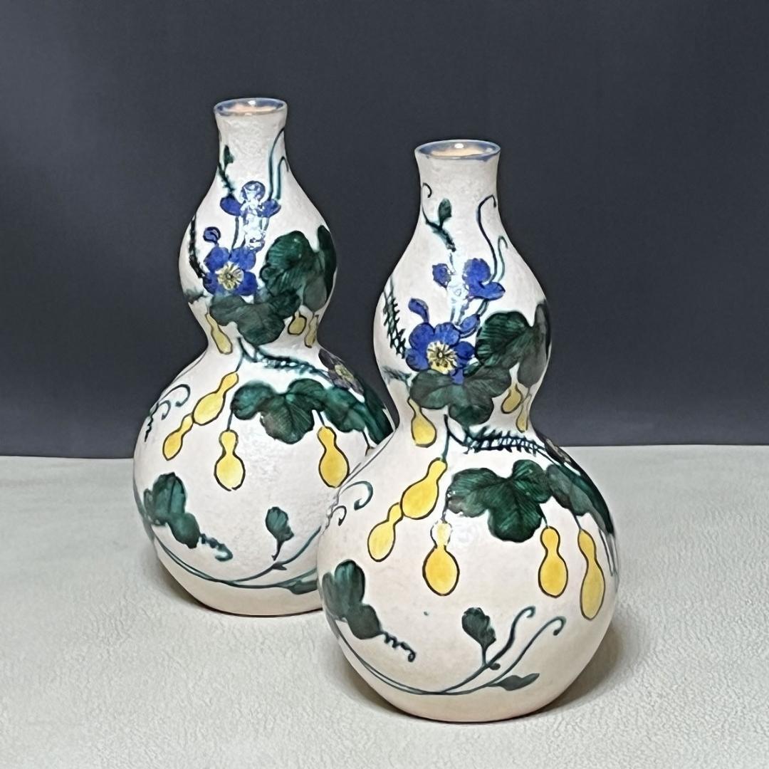 須田菁華 九谷 色絵 瓢徳利 花器 一対 共箱 酒器 【k3280】