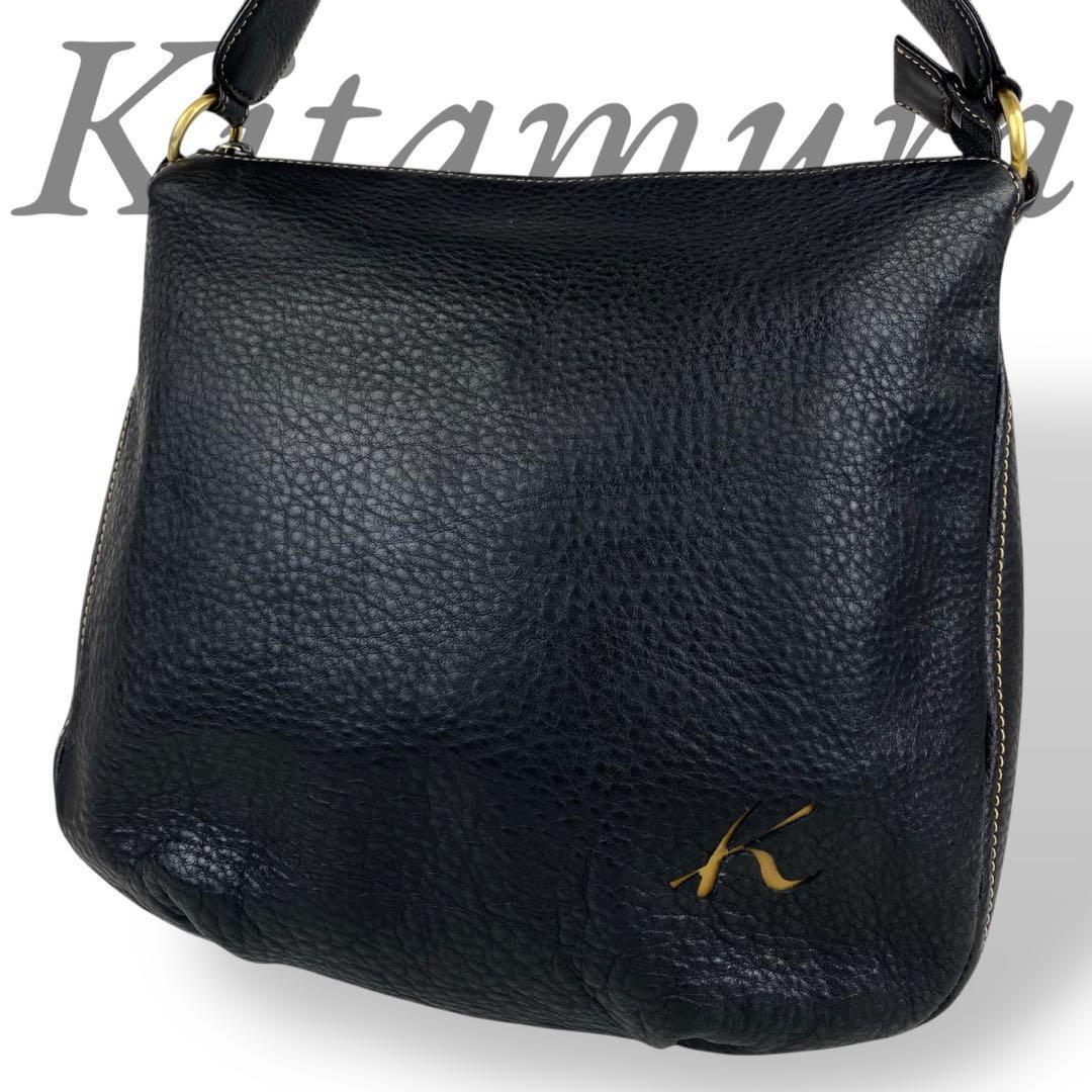 Kitamura キタムラ ショルダーバッグ オールレザー シボ革 Kマーク 黒