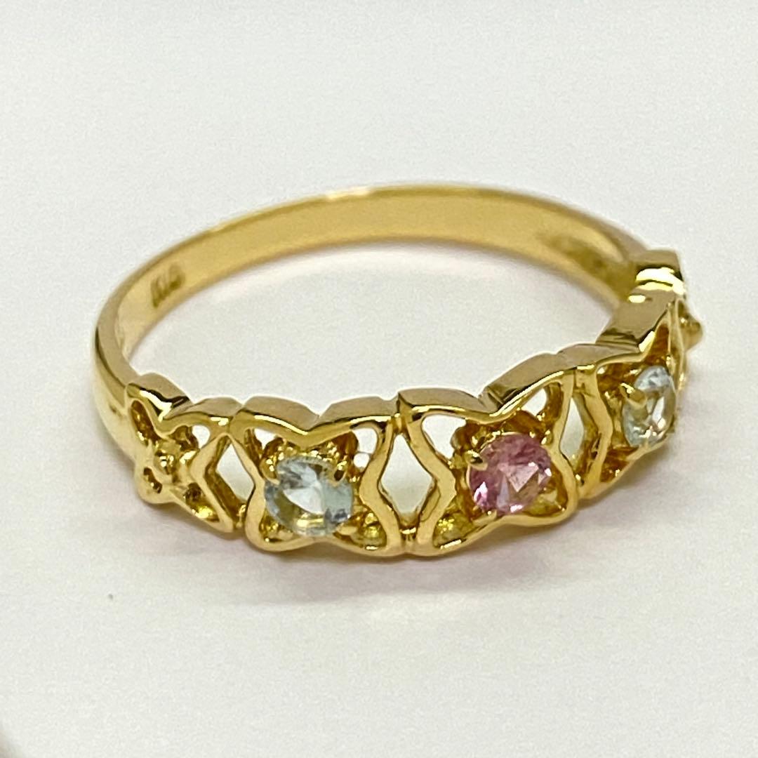 K18　天然ピンクトルマリンリング　ブルートパーズ　サイズ9号　1.65g