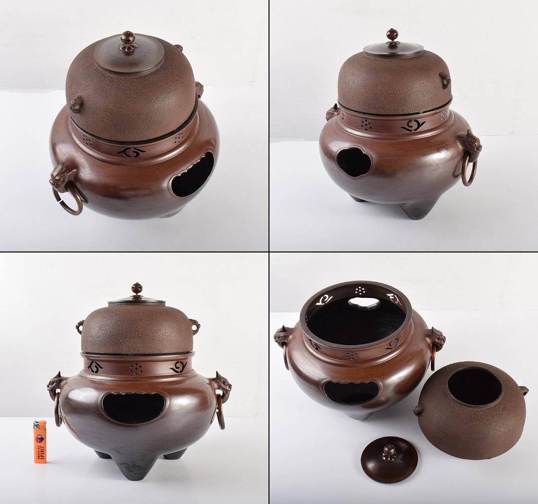 そら釜師　角谷莎村作　鬼面切合釜　鉄釜　風炉　共箱　D　R4868C