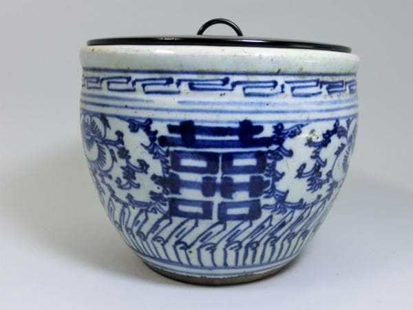 水指■青華花唐草紋 漆器蓋 唐物 染付 古玩 茶器 みずさし 古いお茶道具 骨董