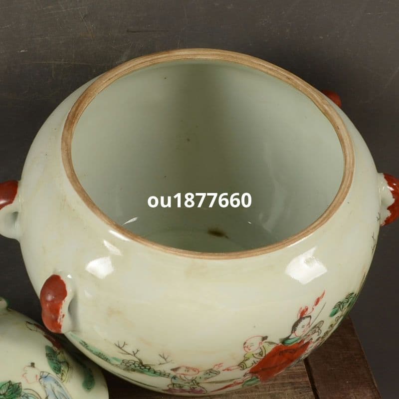 景徳鎮 童子戯れ人物蓋缶 陶磁器 装飾品 現代工芸品 美術品 置物