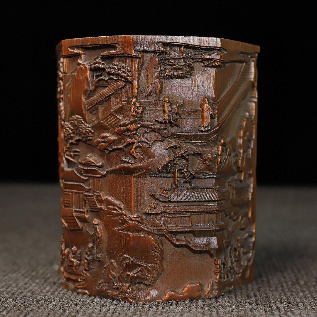 竹 彫刻 亭台楼閣筆箱 書道具 文房具 現代工芸品 美術品 置物