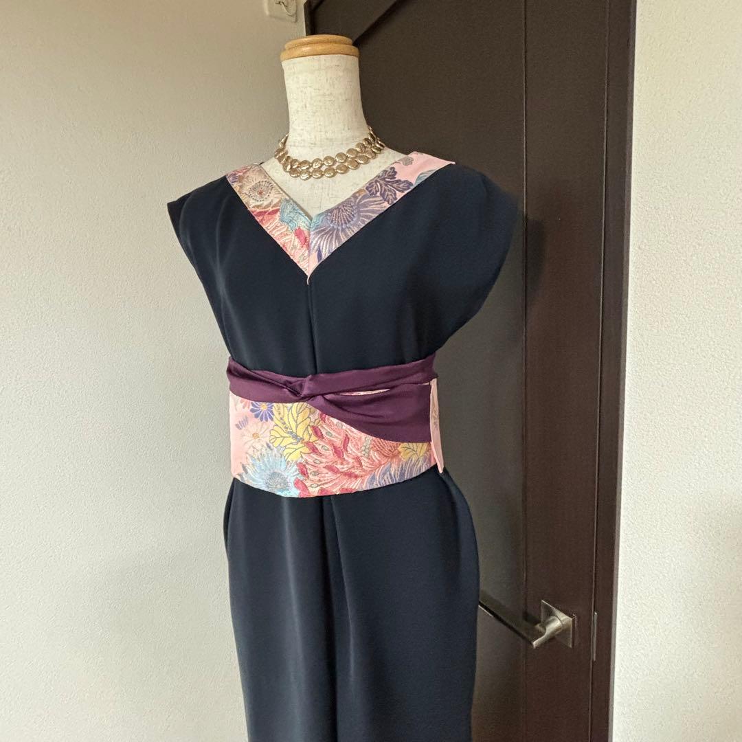 彩♪ 袋帯と未使用服地からロングワンピース❣️ストール付