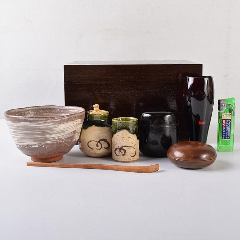 茶道具　利休茶箱　浅見与し三作　茶碗　織部焼　振出など　八点　一式　VR7984