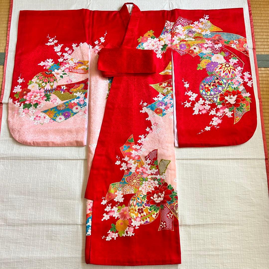七五三 3歳 フルセット 着物 753 絹 被布 ピンク 三歳 赤 草履