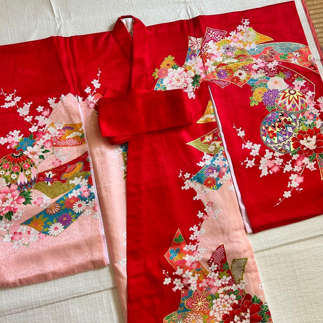 七五三 3歳 フルセット 着物 753 絹 被布 ピンク 三歳 赤 草履