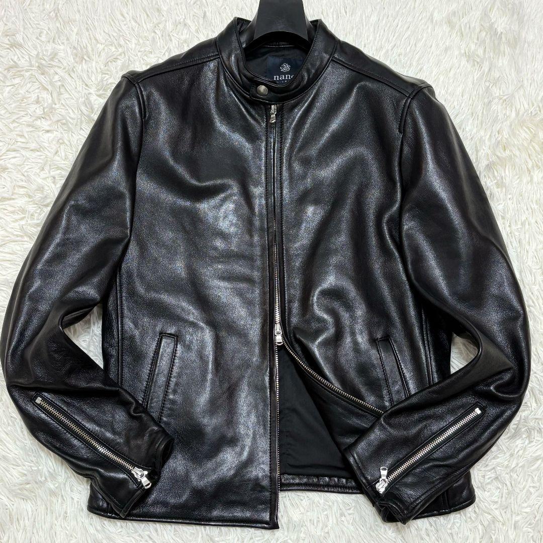 未使用級 ナノユニバース ラムレザー シングルライダースジャケット 黒