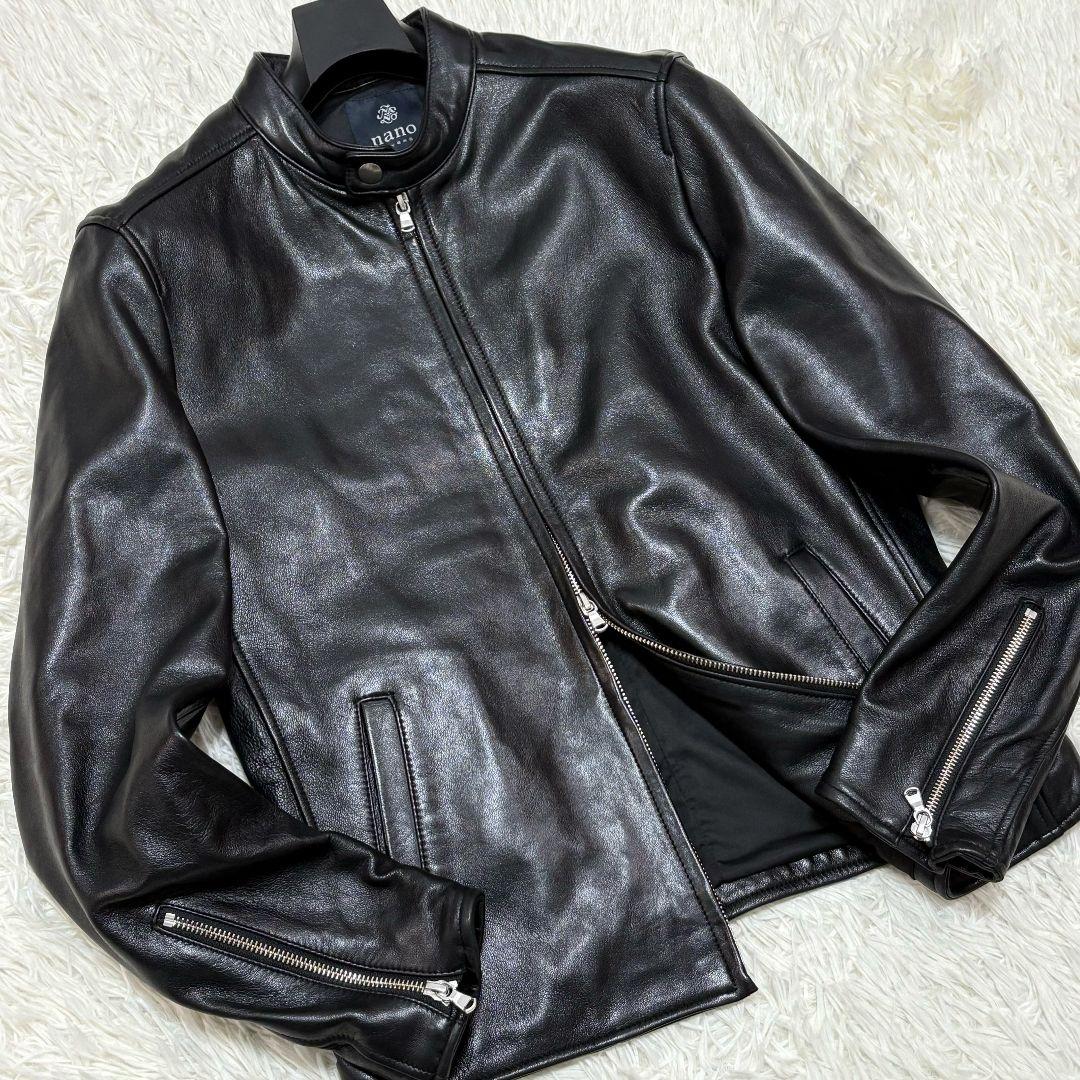 未使用級 ナノユニバース ラムレザー シングルライダースジャケット 黒