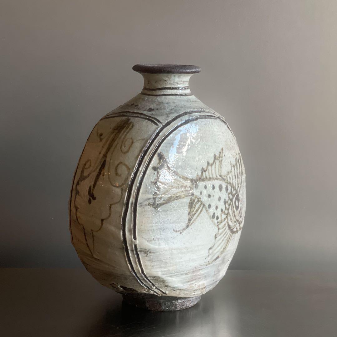 魚紋太鼓形花器　陶芸家村田森作品　新品未使用　激レアアイテム