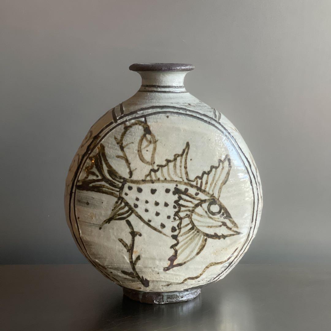 魚紋太鼓形花器　陶芸家村田森作品　新品未使用　激レアアイテム