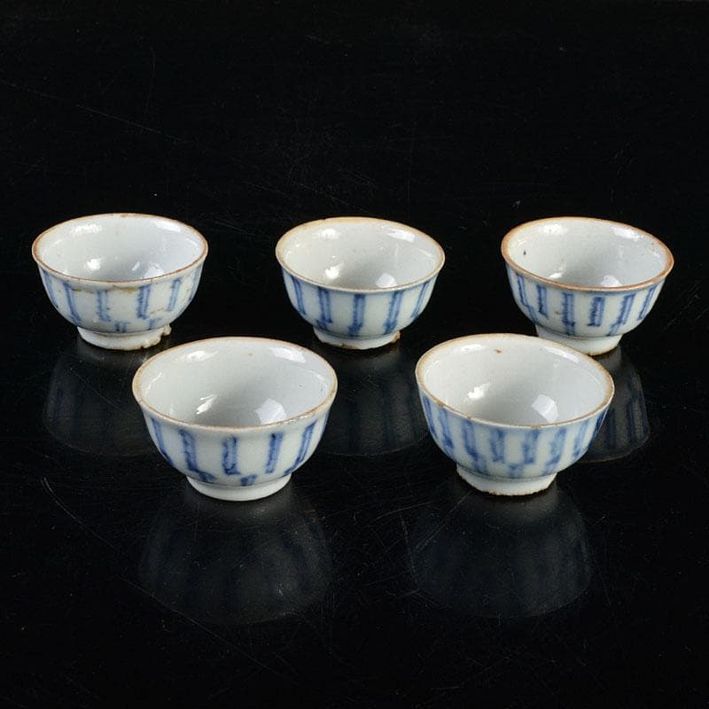 煎茶道具　南京染付　線文　茶杯　ぐい呑　五客　時代箱付　古玩　M R4512