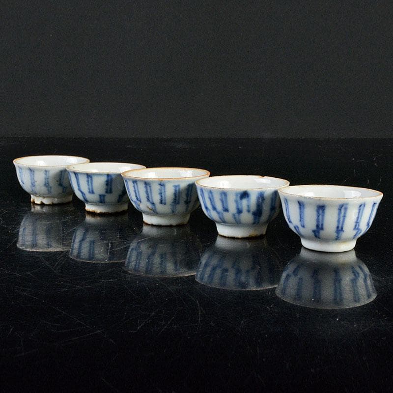 煎茶道具　南京染付　線文　茶杯　ぐい呑　五客　時代箱付　古玩　M R4512