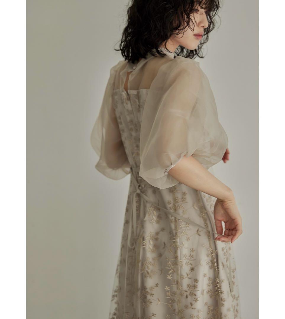 オーガンジーパフスリーブ刺繍レースドレス 結婚式 同窓会 お呼ばれワンピース