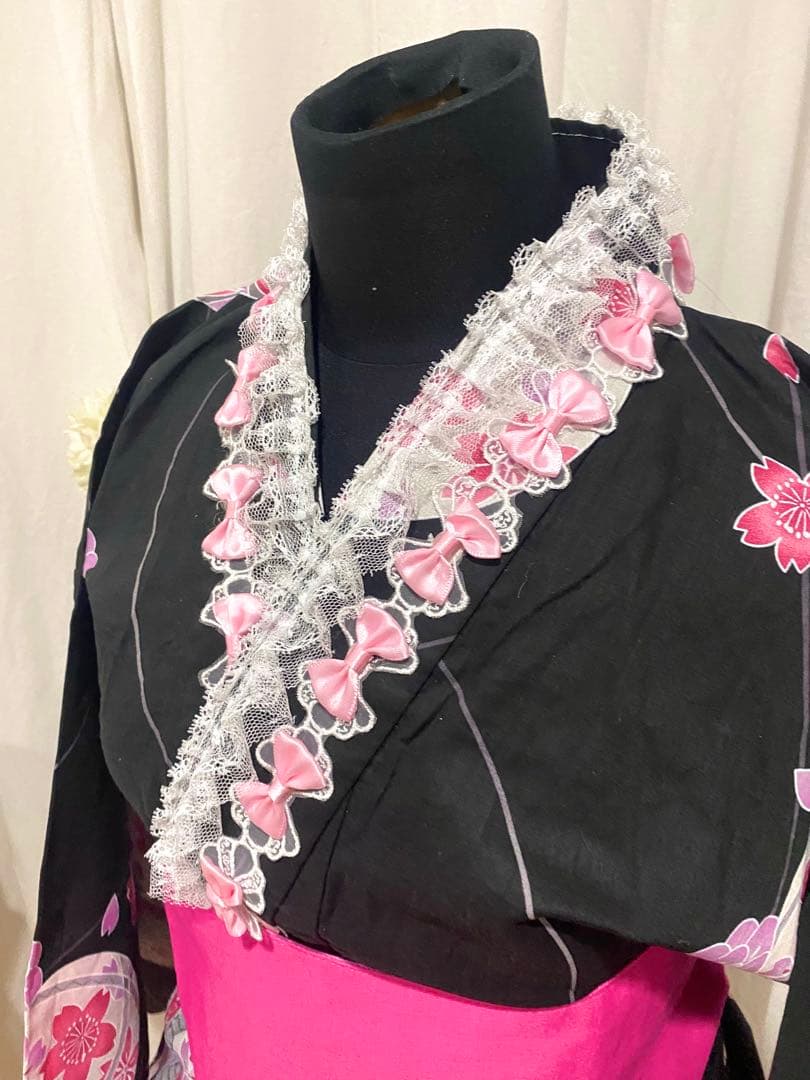 浴衣ドレスピンク黒地雷量産型ロリィタ値下げ可