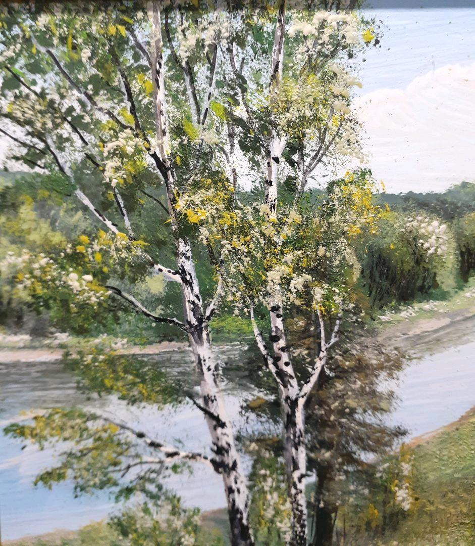 油彩　額装　出身　『ワレンチン　カザチョク』画　夏風景　白樺の木