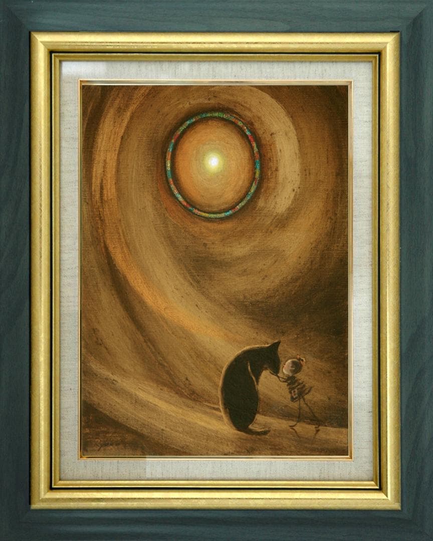 油絵 菅家令子絵 絵画インテリア額付(銀) F3-072819 祈り子犬猫女の子