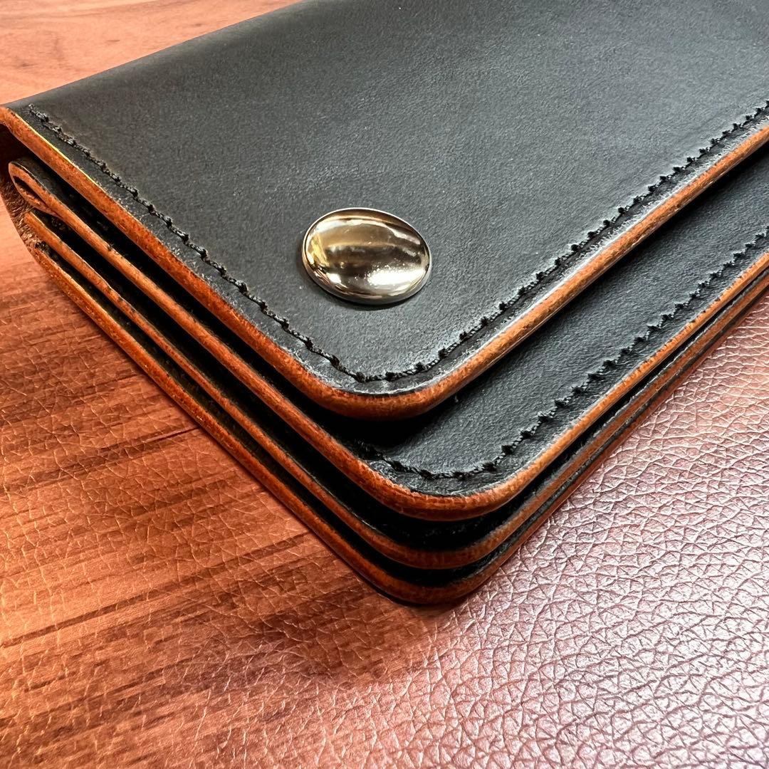 【トラッカーウォレット ロング 3層】 ブラック 茶芯 北米ステア シルバー