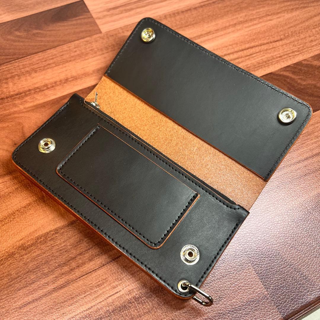 【トラッカーウォレット ロング 3層】 ブラック 茶芯 北米ステア シルバー