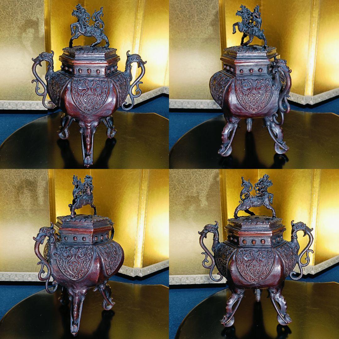 AL5 香保 金工師 香炉 蝋型 高岡銅器 麒麟摘 象足 三足 共箱