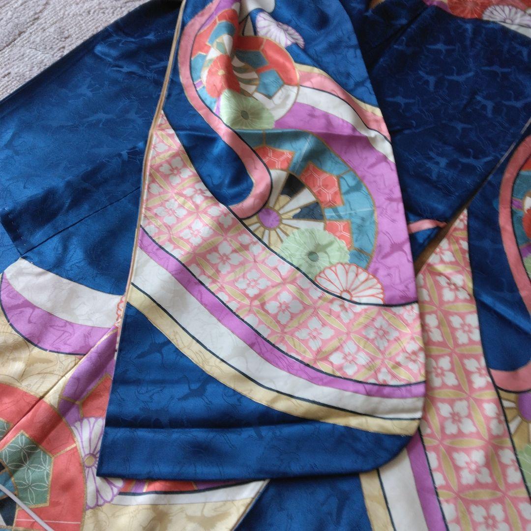 昭和レトロお誂え振袖　群青色　群馬桐生　手染め　正絹　ヴィンテージ着物