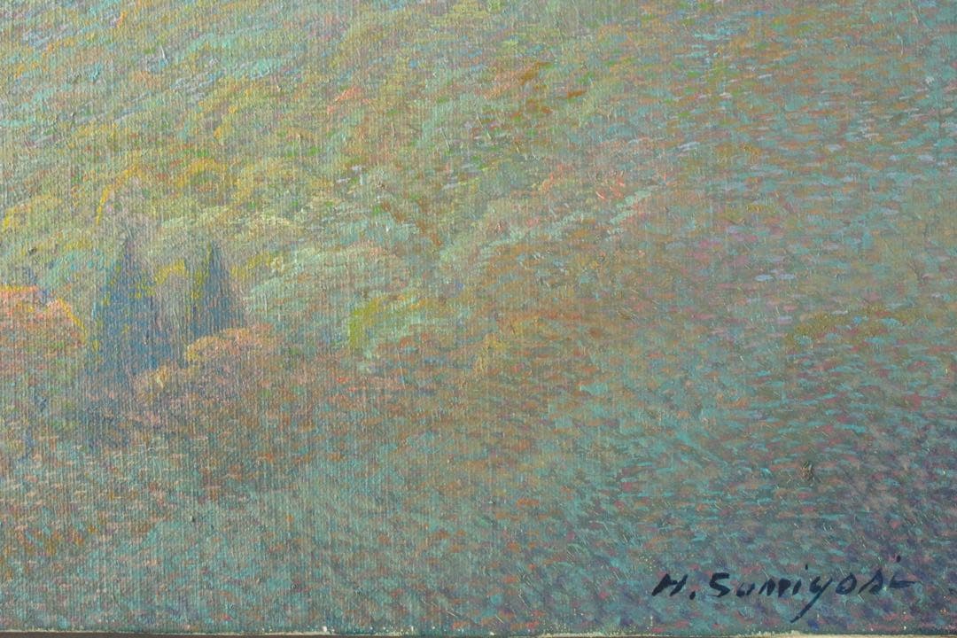 No4425 額装　住吉久志「紅葉の寒霞渓」油彩画　P6号　畳箱付　送料無料