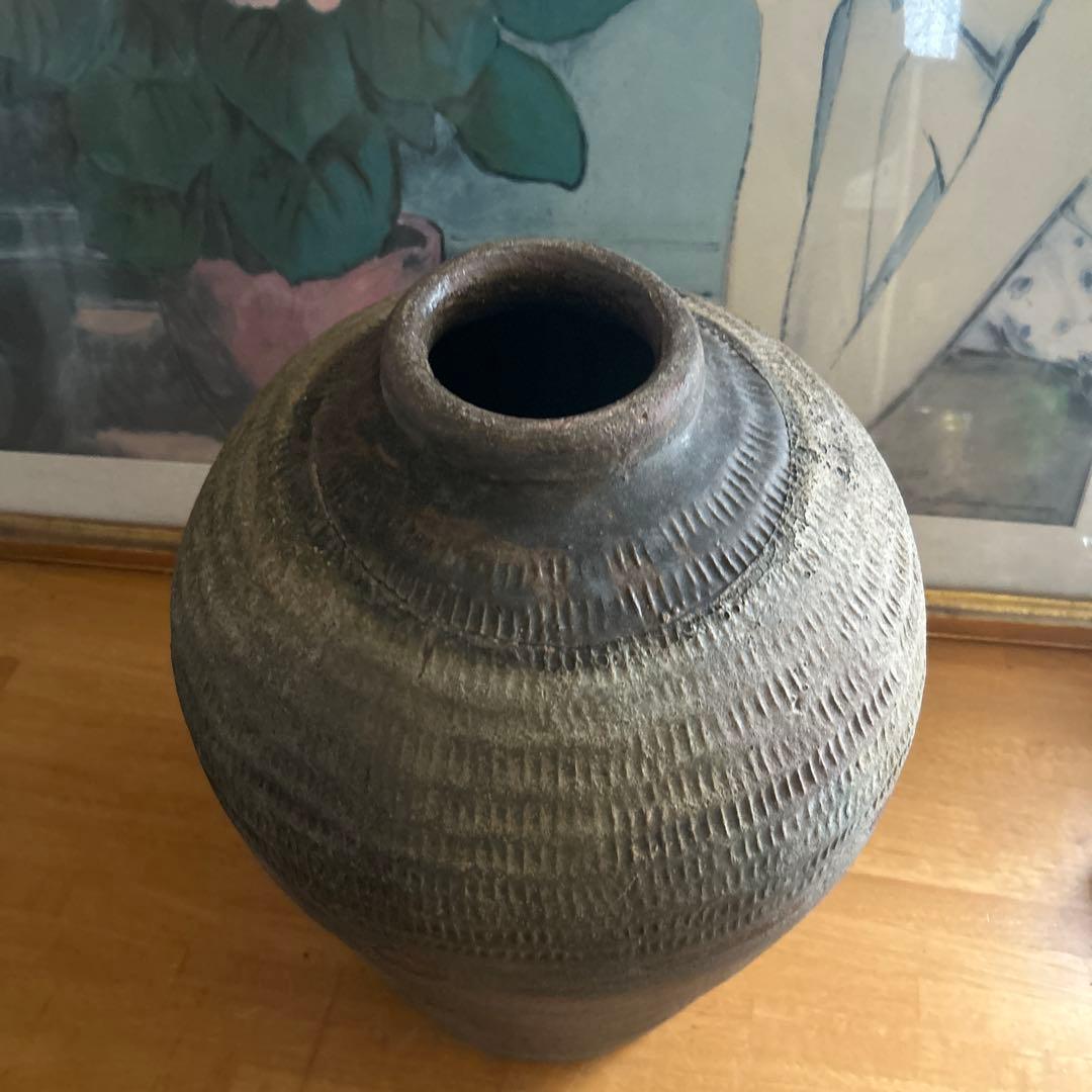 神楽焼　大壺　骨董品　ブロンズ色陶器の大きめの壺