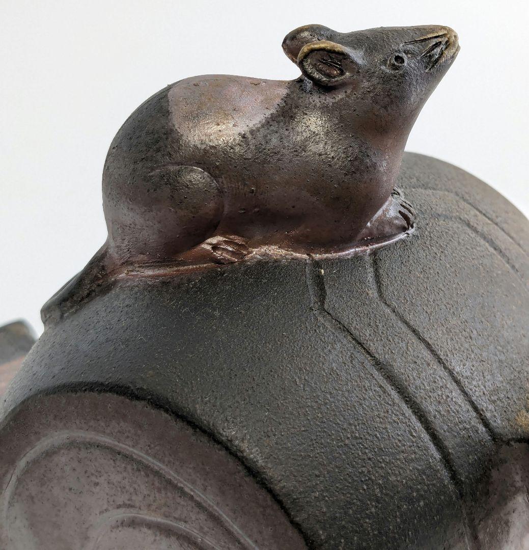 岡山県重要無形文化財 松井與之 備前焼 干支子置物 共箱共布栞 打ち出の小槌