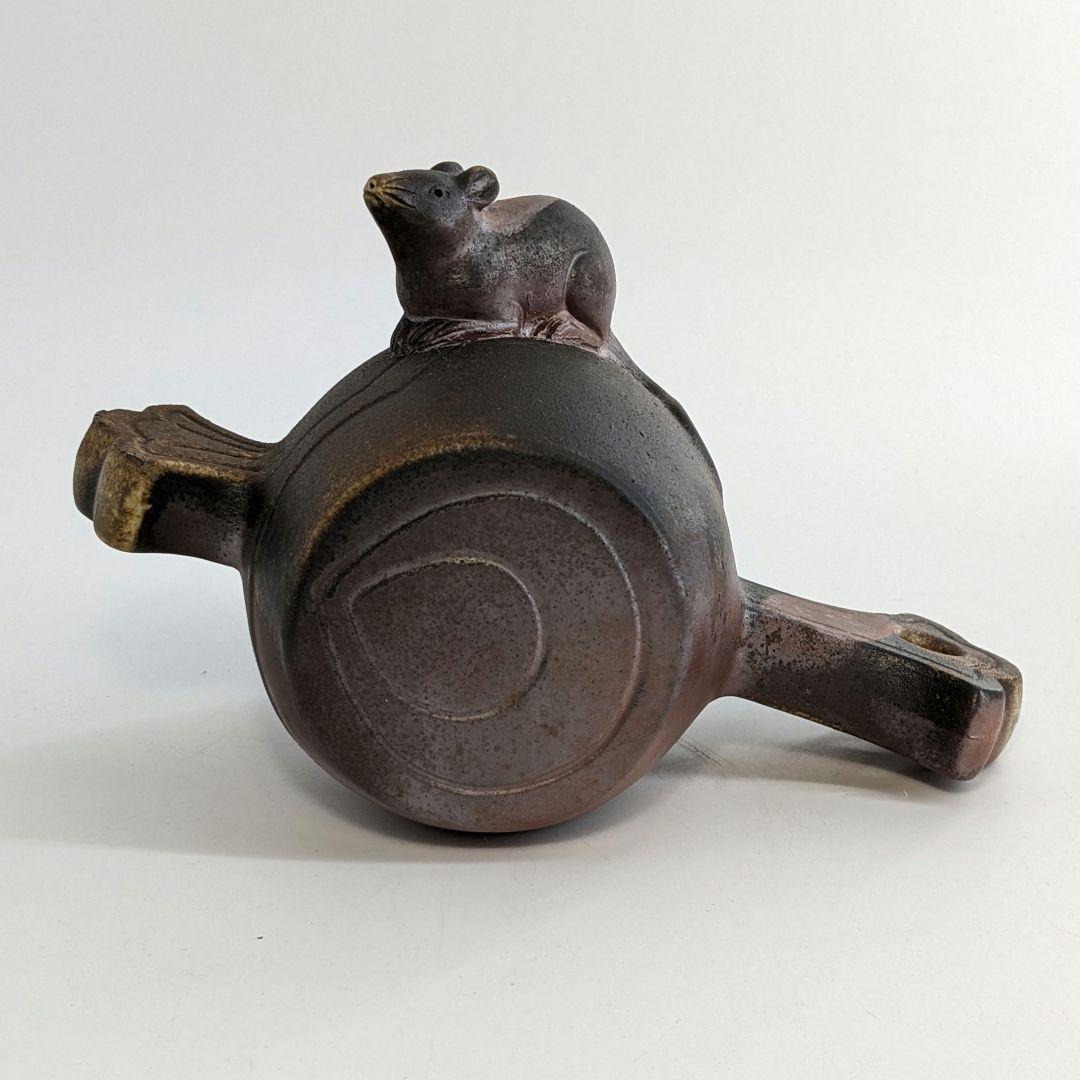 岡山県重要無形文化財 松井與之 備前焼 干支子置物 共箱共布栞 打ち出の小槌