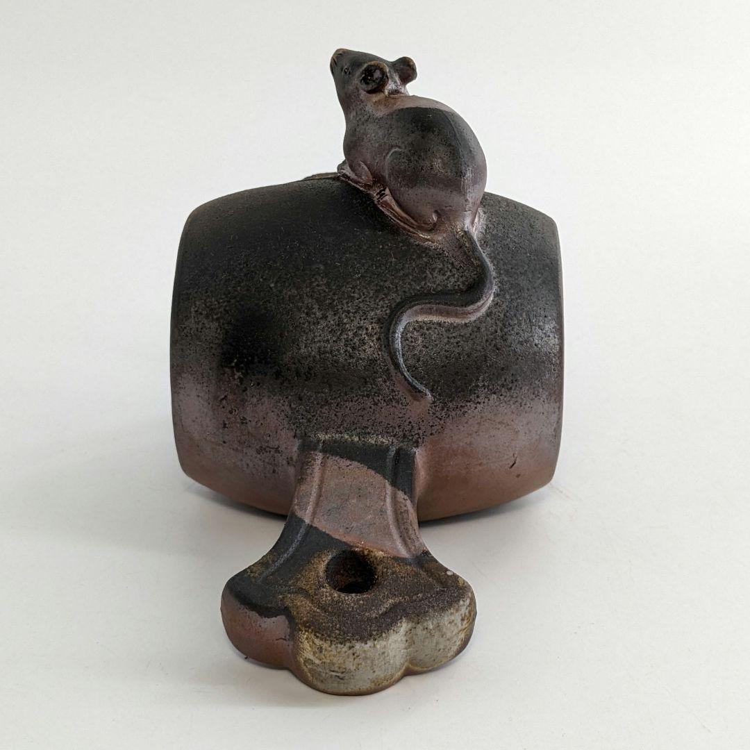 岡山県重要無形文化財 松井與之 備前焼 干支子置物 共箱共布栞 打ち出の小槌