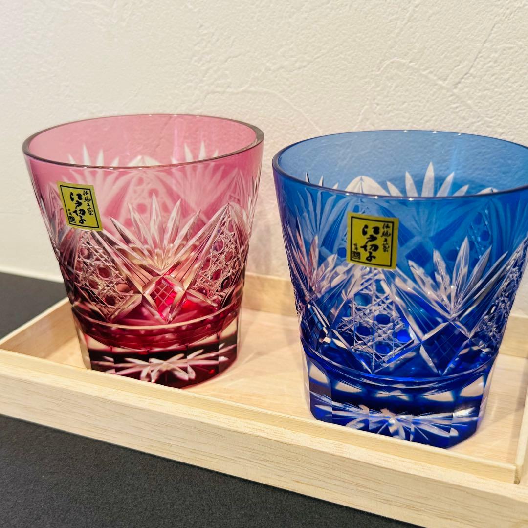 定価33,000円 江戸切子 田島硝子 八角籠目 菊底 オールド ペアグラス