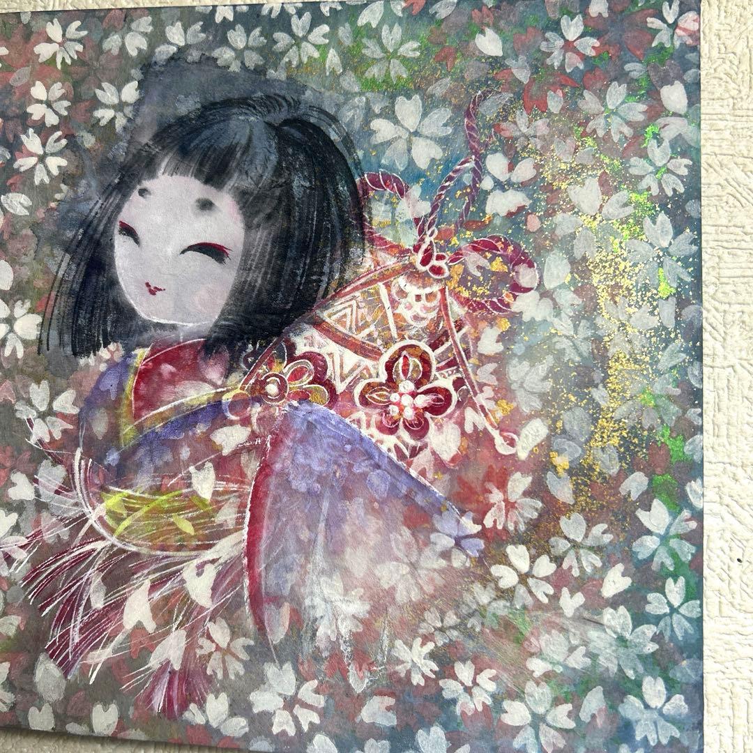 吉祥日本画「金箔入り　座敷わらし　手毬梵天」幸福の座敷童子